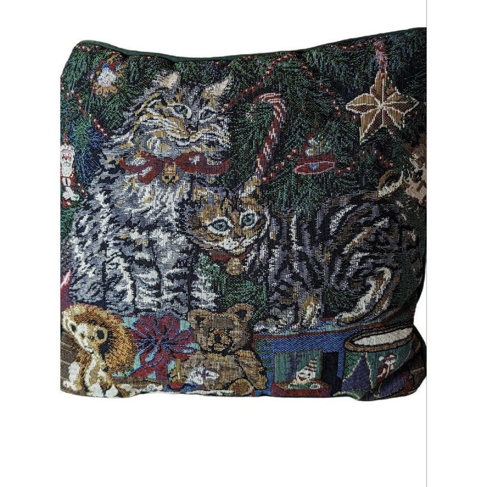 Kitty Cat Kitten Holiday Christmas Tree Tapestry Throw Pillow 11 X 11 Inches